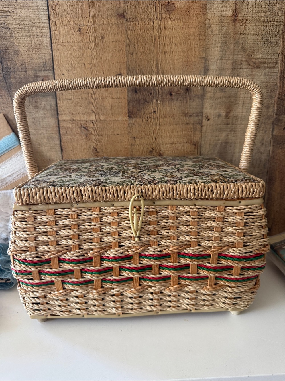 Vintage Wicker & Tapestry Sewing Basket with Assorted Sewing Notions